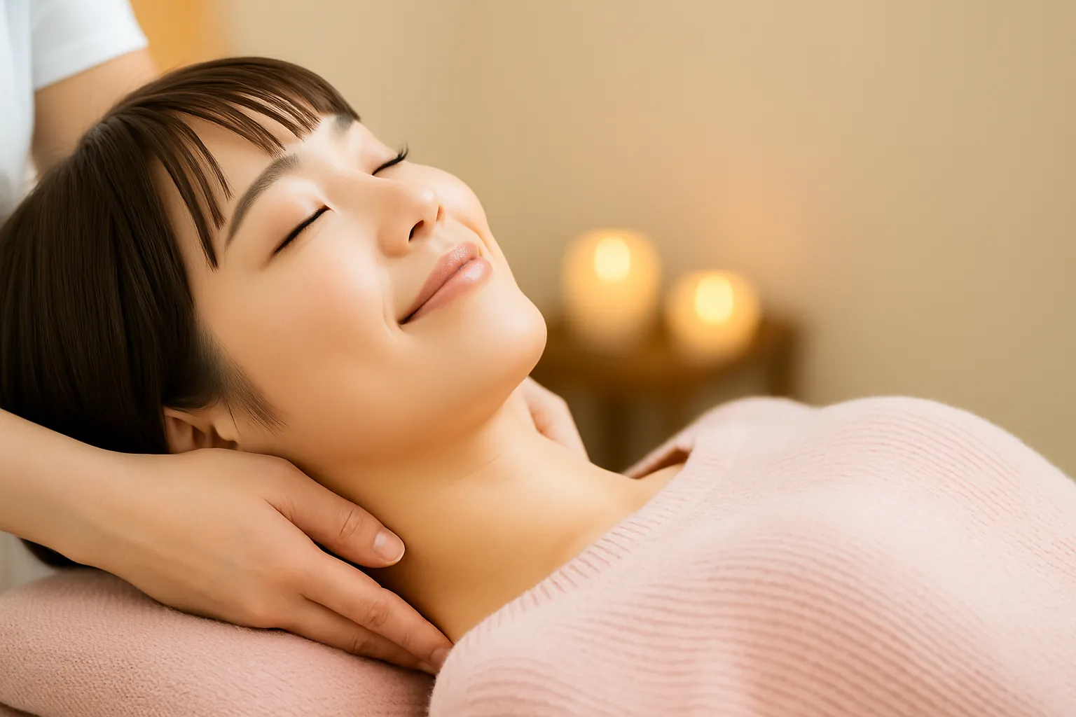 女性が首まわりにやさしい施術を受けている様子